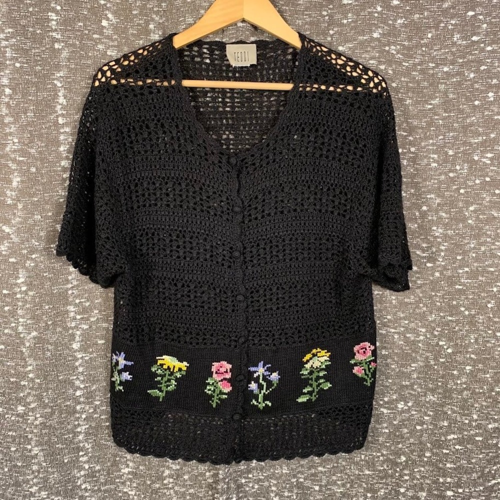 Teddi Vintage Black Crochet Knit Floral Embroidered Short Sleeve Cardigan Top